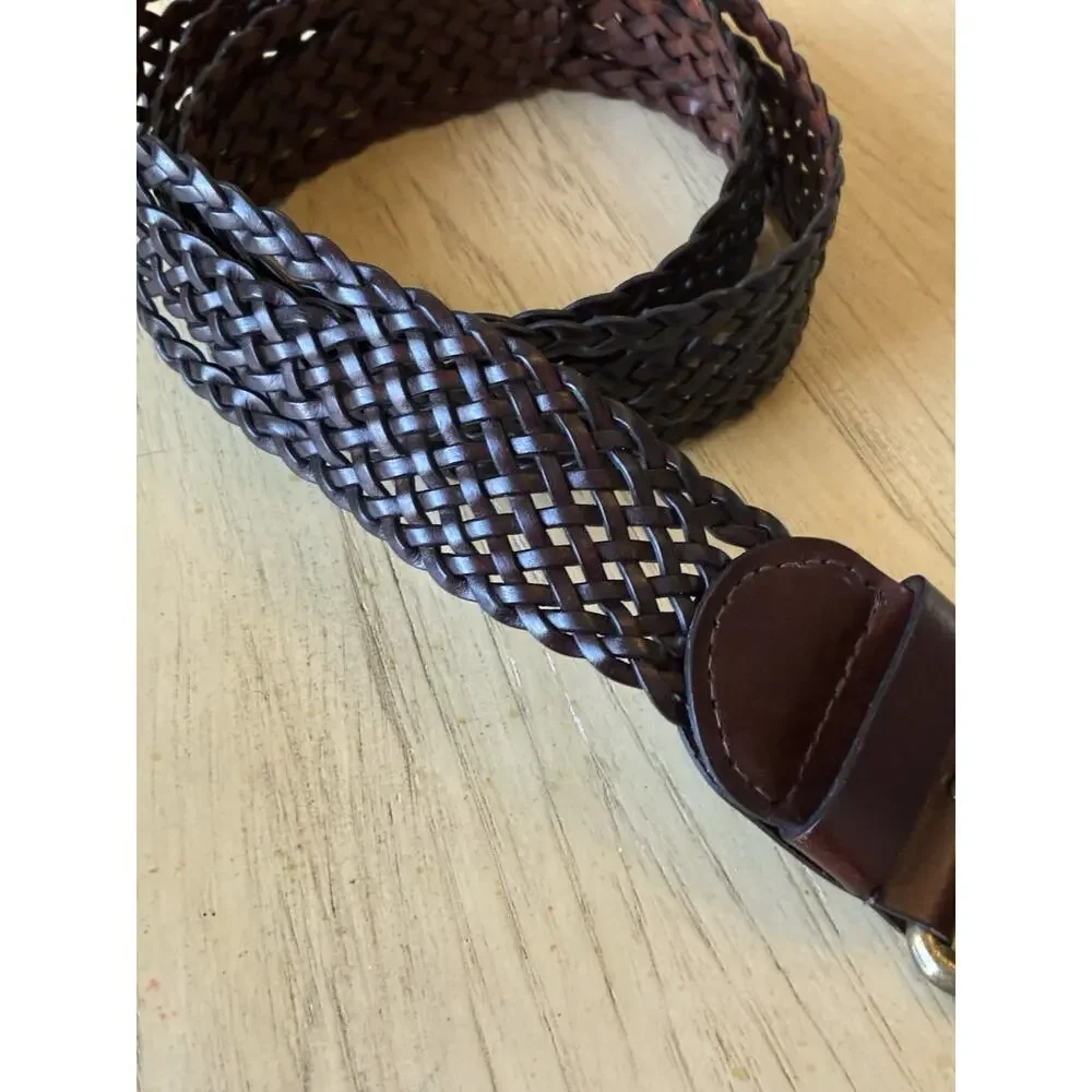 DKNY Women's Mocha Brown Braided Woven Wide Leather Belt w/ Buckle Minimalist M